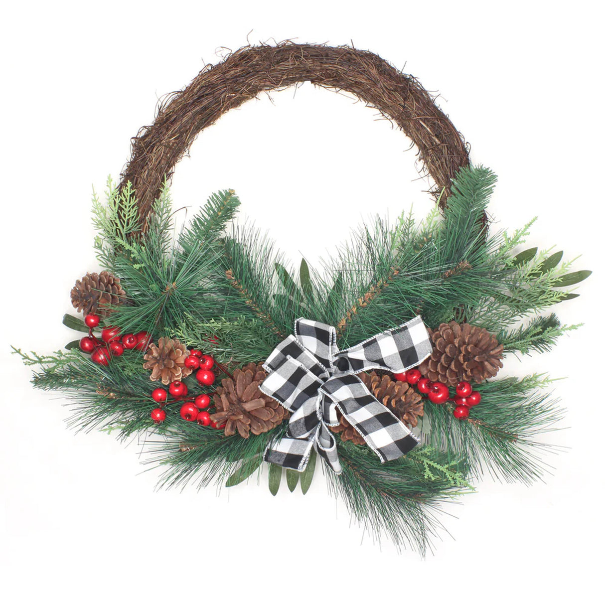 24IN Mixed Pine and Berries Wreath with Buffalo Plaid Bow