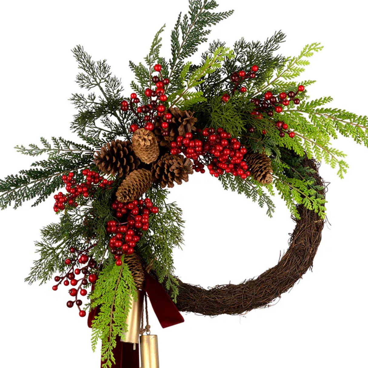 24 in. Christmas Joy Chimes Wreath with Red Berries, Holiday Door and Mantle Indoor Decor