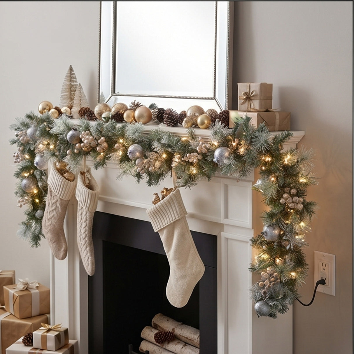 9FT Pre-Lit Glittery Pine Pomegranate Garland with Clear Lights