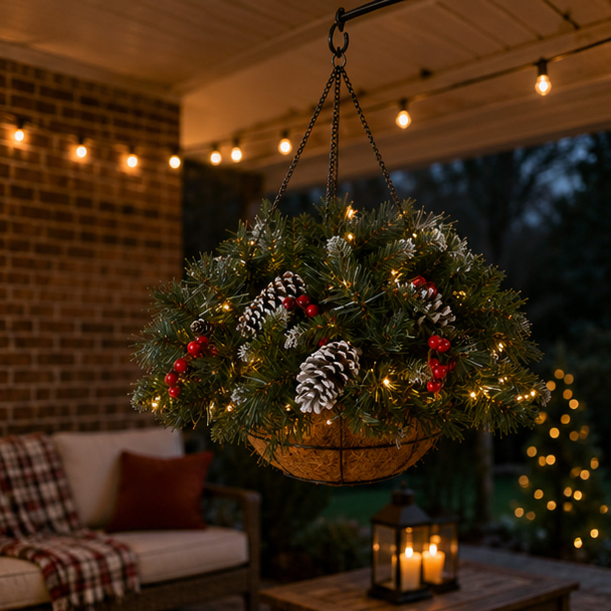 Pre-Lit Frosted Berry Hanging Basket with Warm White LED Lights, 20 Inch