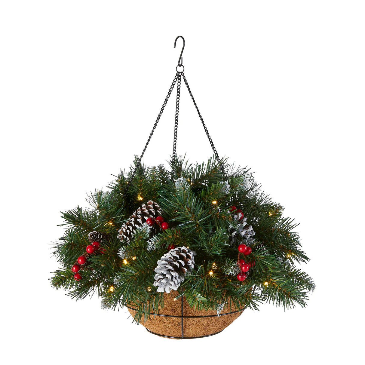 Pre-Lit Frosted Berry Hanging Basket with Warm White LED Lights, 20 Inch