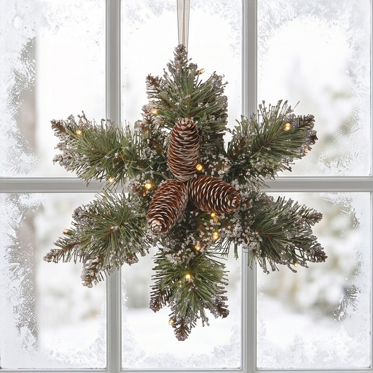 Pre-Lit Glittery Bristle Pine Snowflake Wreath with Warm White LED Lights, 14 Inch