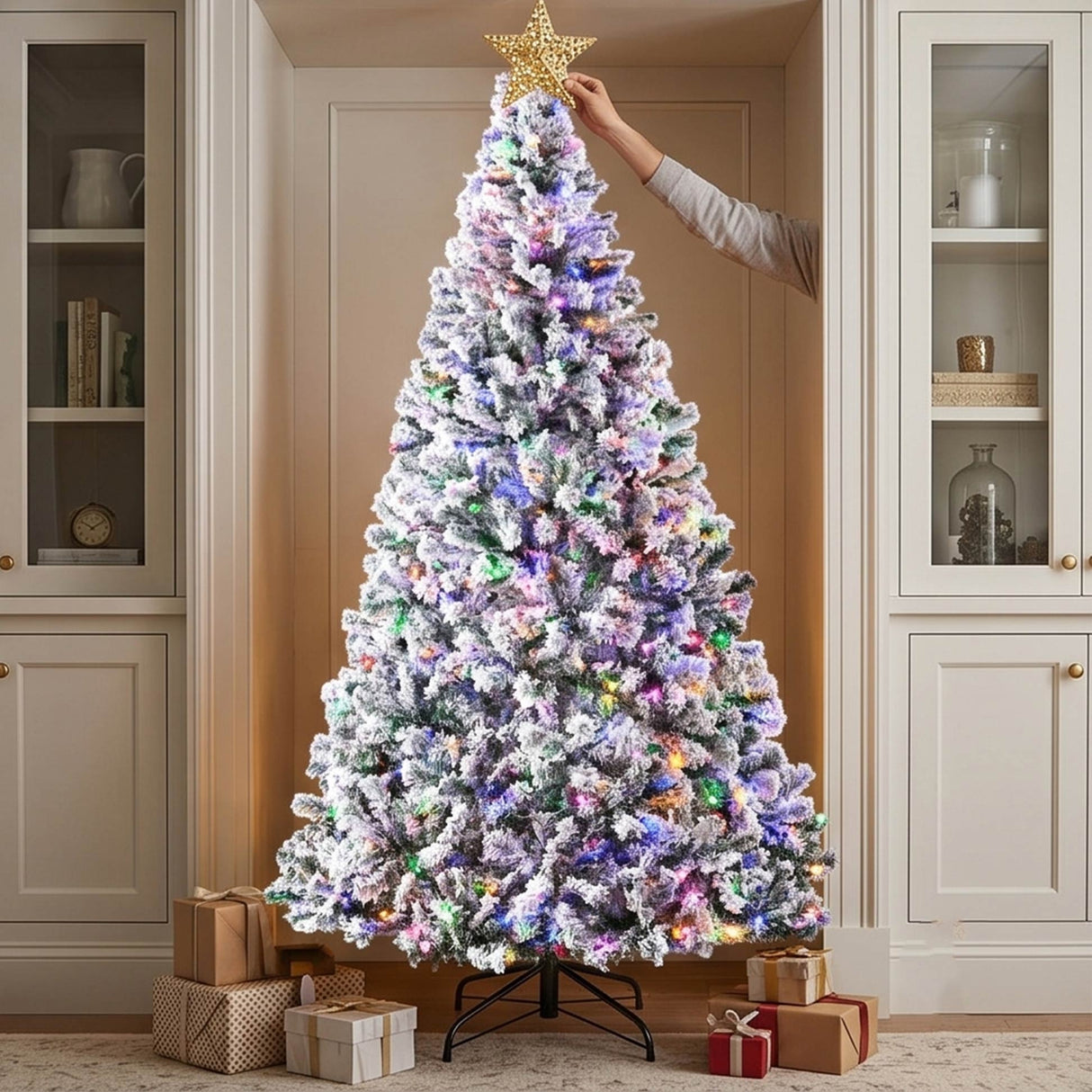 Pre Lit Snow Flocked Pine Christmas Tree with Multicolor LED Lights
