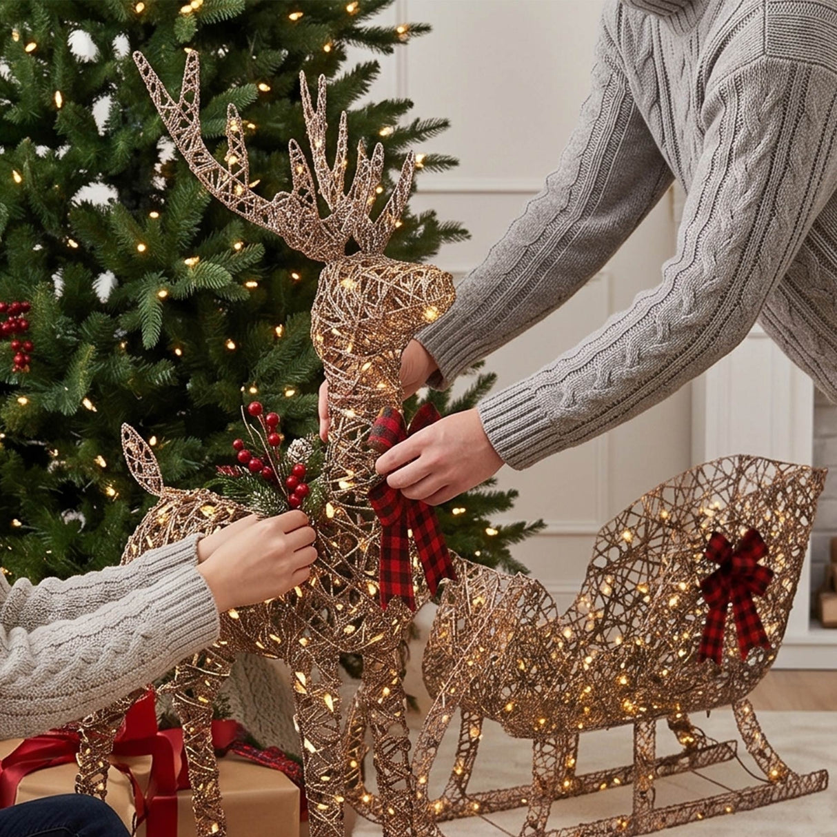 Lighted Christmas Reindeer and Sleigh Outdoor LED Decor Set