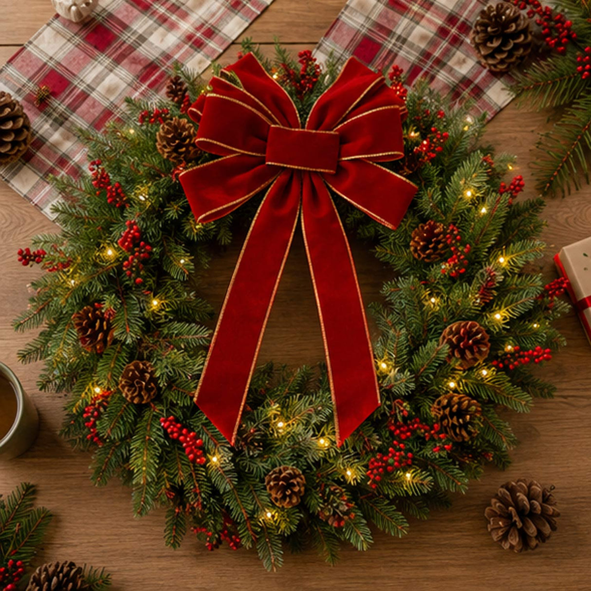 Pre Lit Battery Powered Christmas Wreath with Ribbon PVC Tips Holiday Decor
