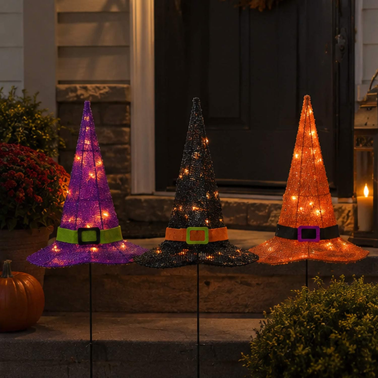 Halloween Orange, Black and Purple Witch's Hat Garden Stakes with LED Lights