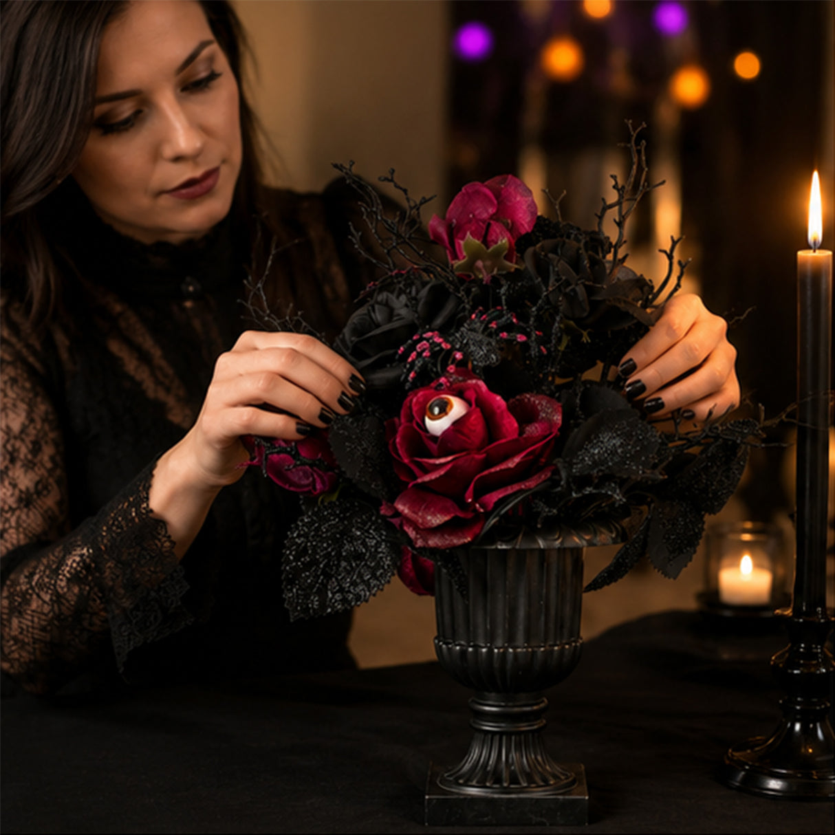 18 in. Halloween Rose Flowers Plant Decoration in a Black Urn