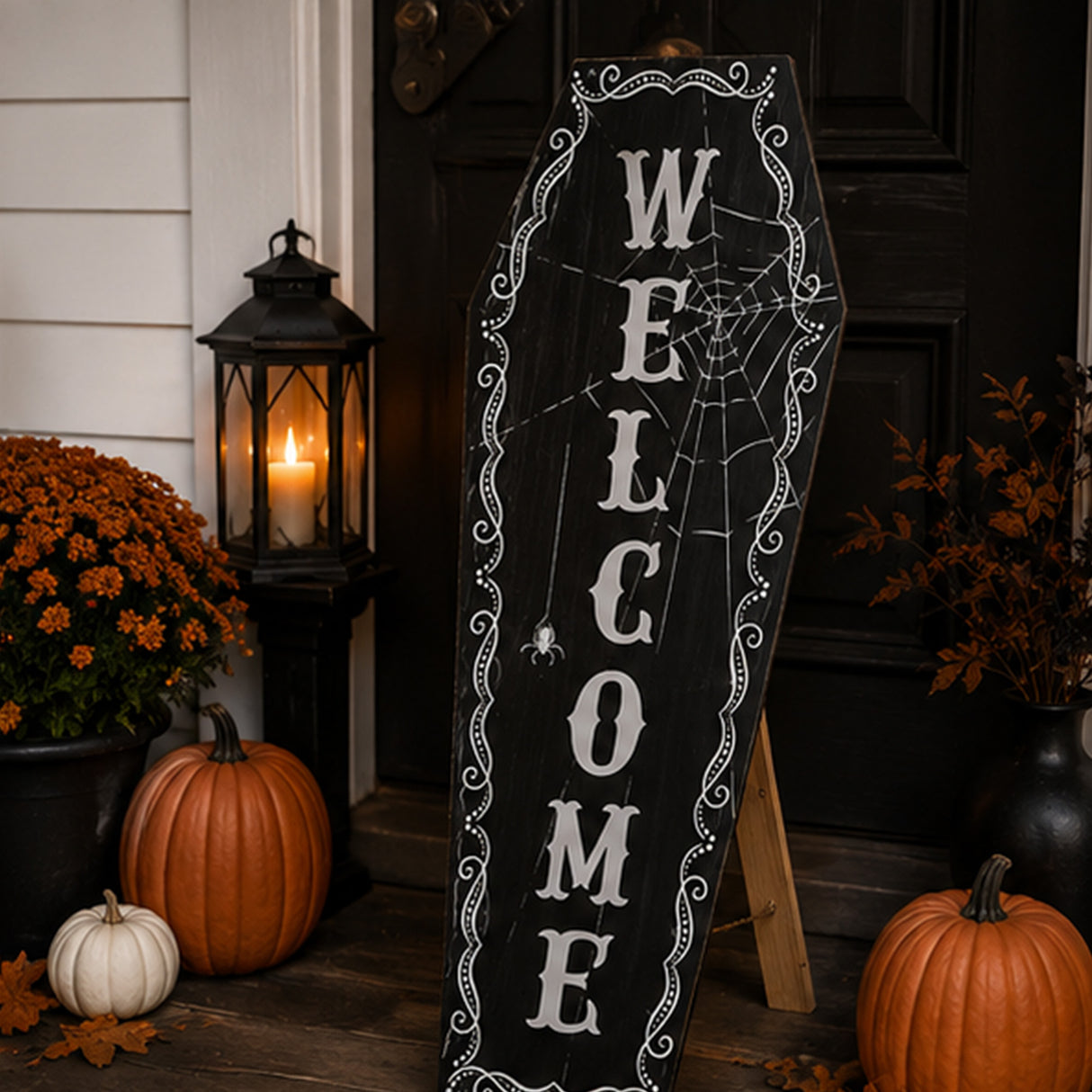 28 in. Halloween Black Coffin “Welcome” Standup Sign Decoration