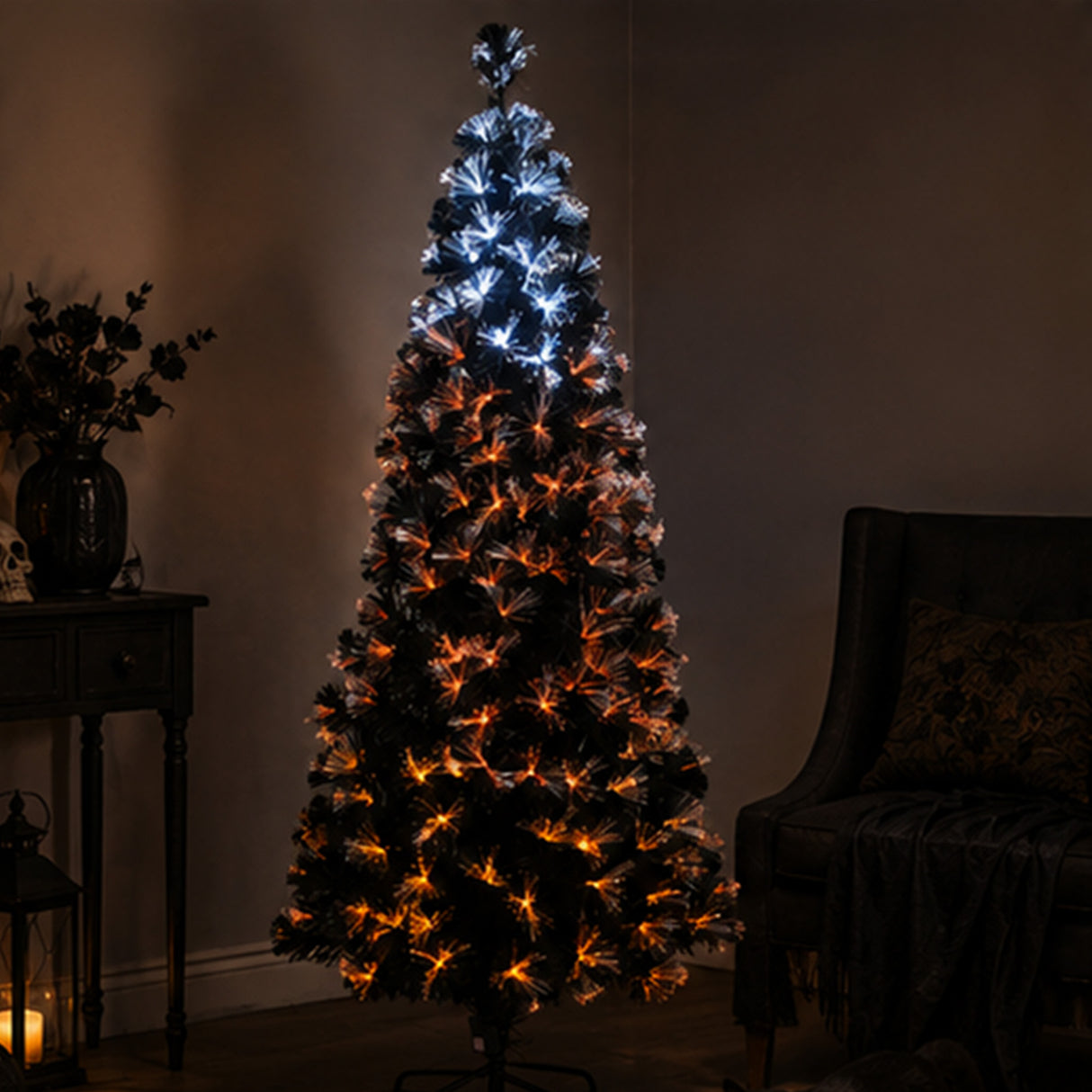 6 ft. Halloween Pre-Lit Black Tree with Fiber Optic Candy Corn LED Lights, Plug-In