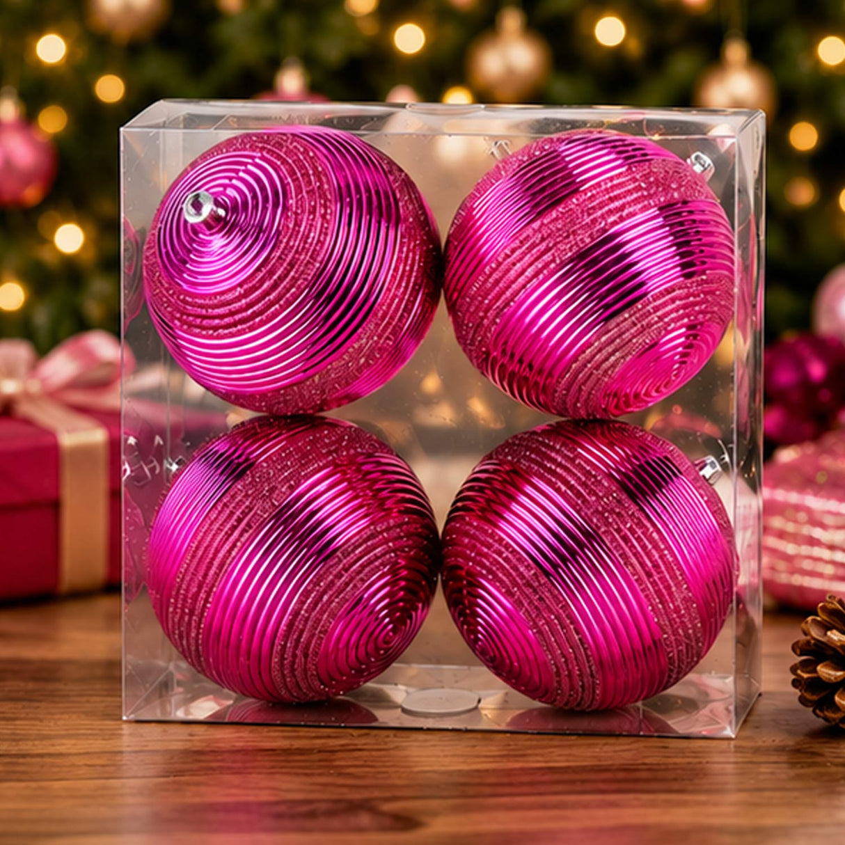 4-Piece Shatterproof Swirling Pink Glitter Christmas Balls