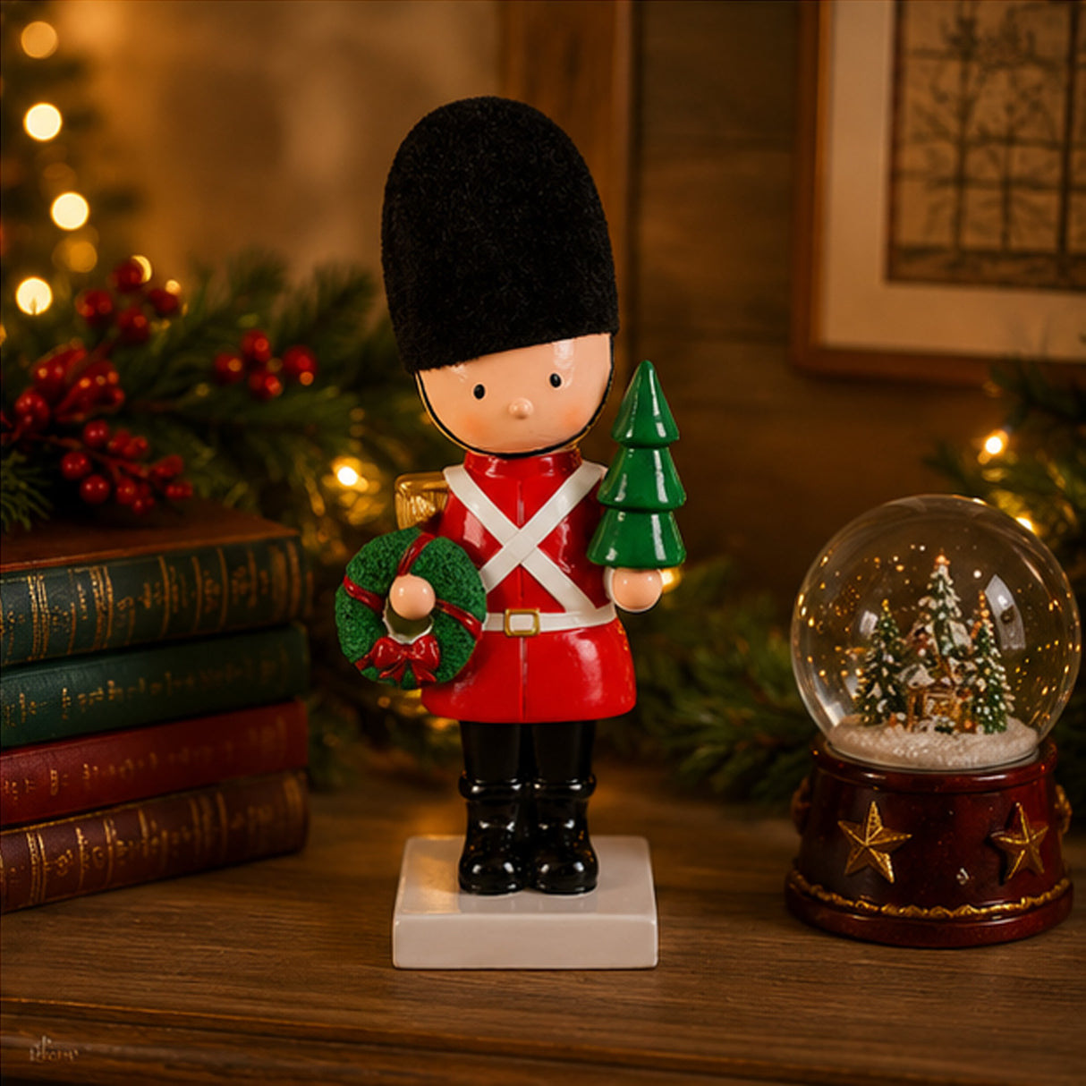11IN Christmas Soldier Figurine with Wreath and Tree Holiday Tabletop Decor