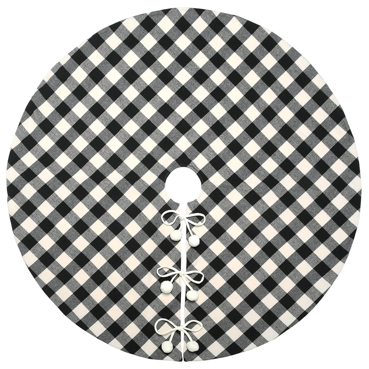 52IN Black White Plaid Christmas Tree Skirt with Pom Pom Ties