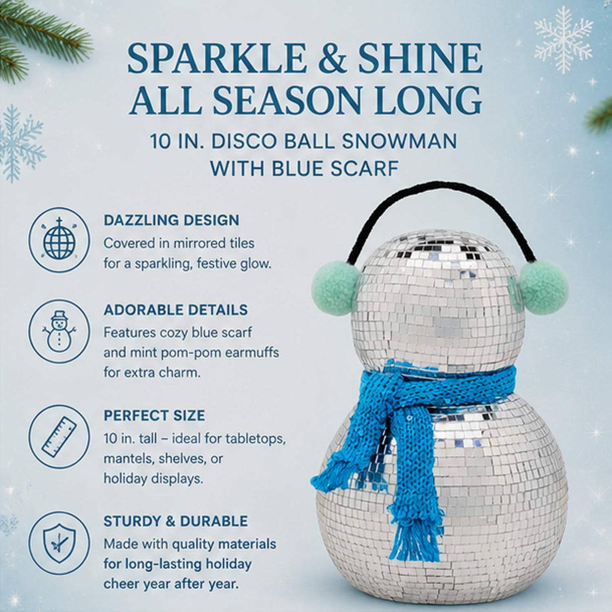 10IN Disco Snowman Figurine with Blue Scarf & Silver Ear Muffs Mirror Ball Holiday Decor