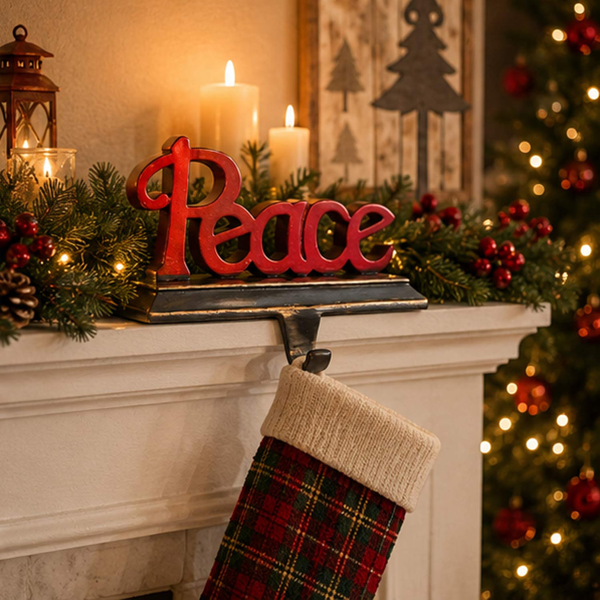 8.7IN PEACE Christmas Stocking Holder with Gold Trim