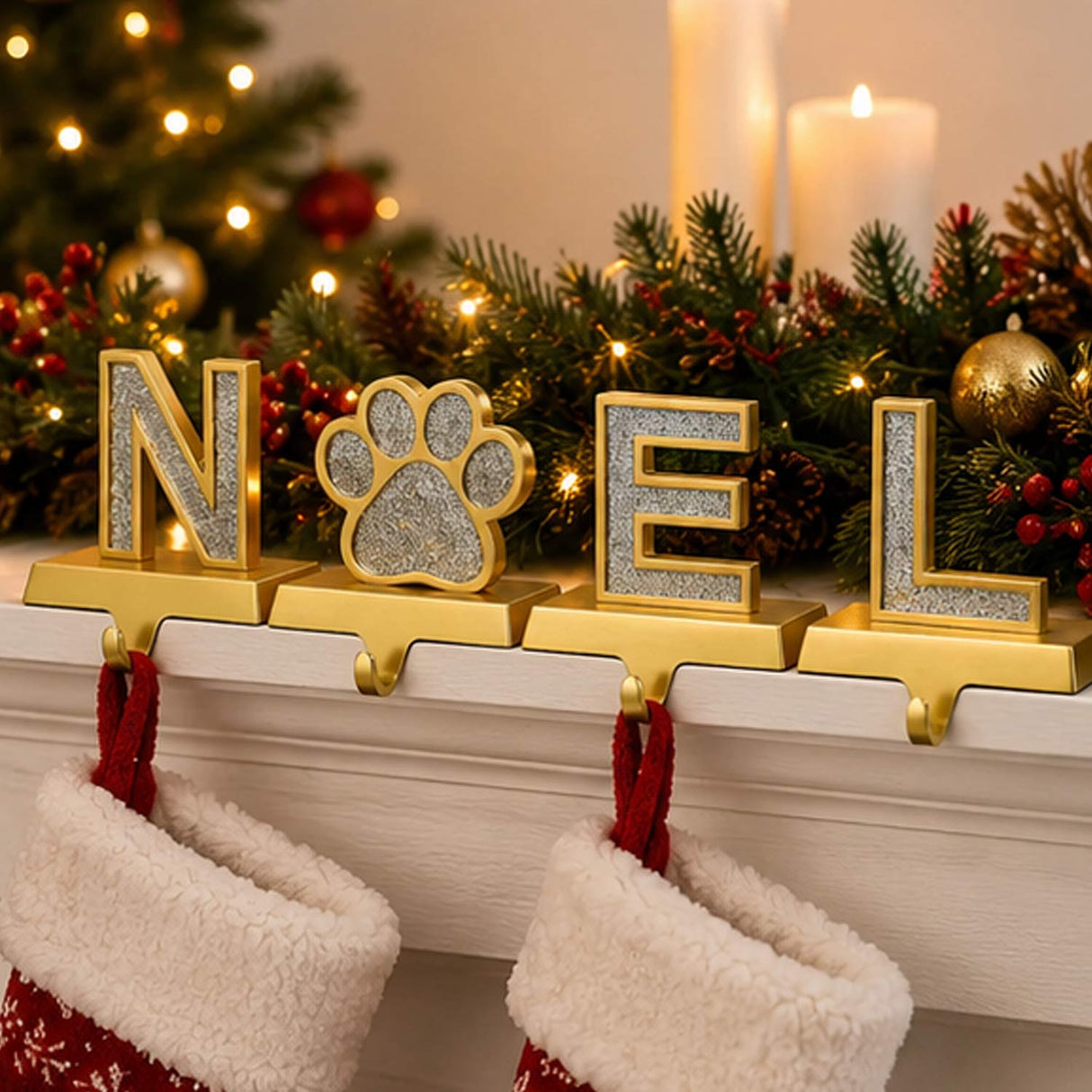 5IN 4-Piece Silver Sparkle NOEL Paw Print Stocking Holders