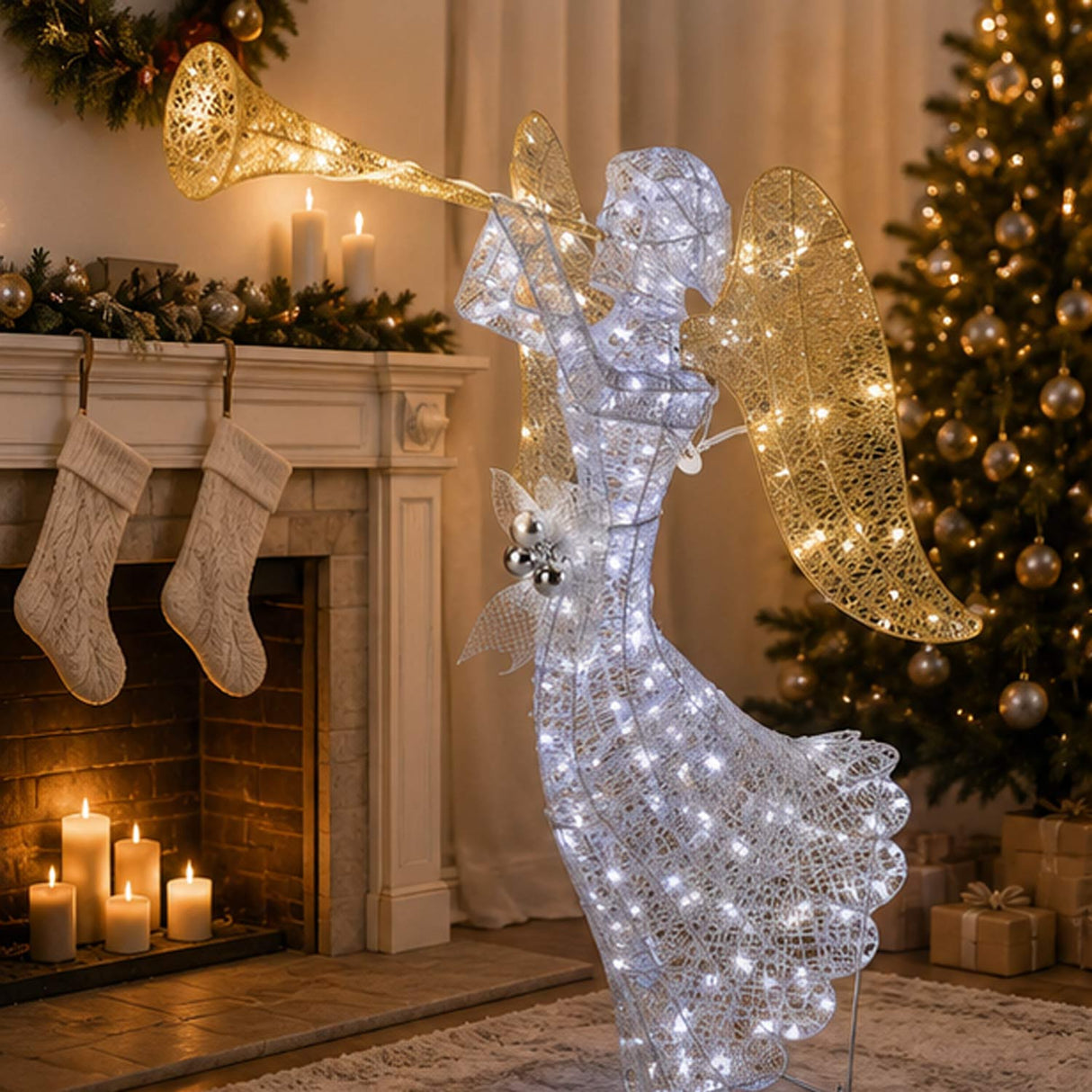 48IN Silver Angel Decor with Cool White LED Lights Plug-In