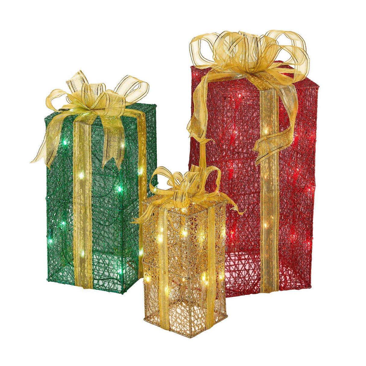 Pre-Lit Multicolor Christmas Gift Boxes Set of 3 with Warm White Lights