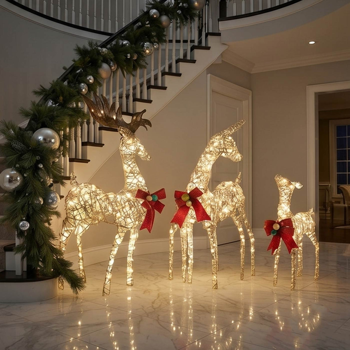 Champagne Glitter Deer Family 3-Piece with Warm White LED Lights