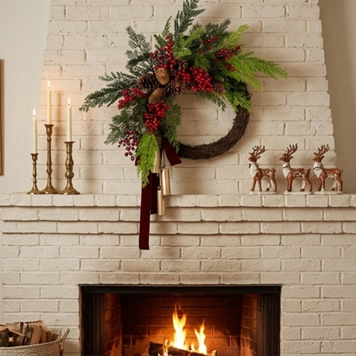 24 in. Christmas Joy Chimes Wreath with Red Berries, Holiday Door and Mantle Indoor Decor