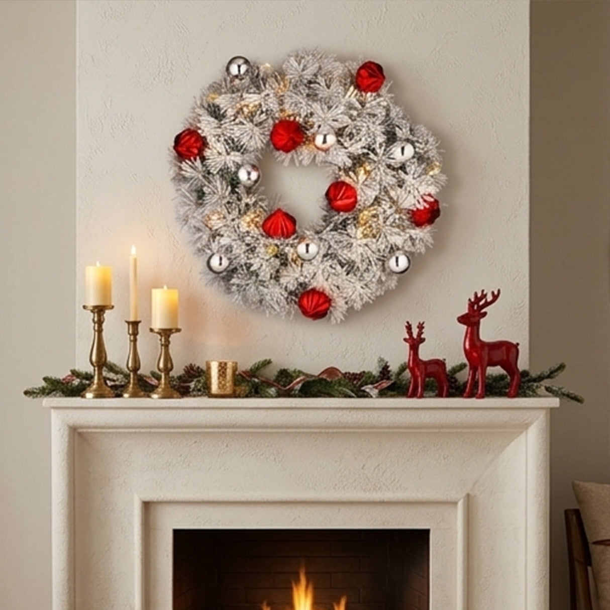 Pre-Lit 24 in. Snowy Bristle Pine Christmas Wreath with Warm White LED Lights