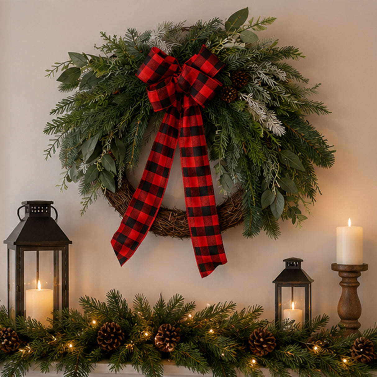 22IN Mixed Pine Wreath with Buffalo Plaid Bow and Pinecones