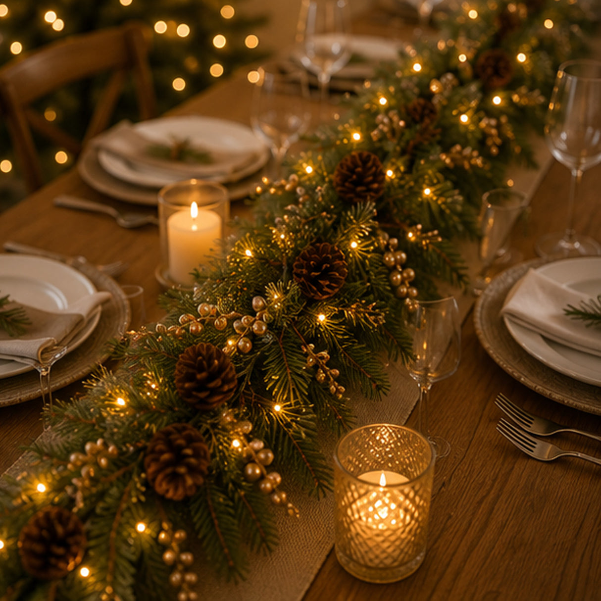 Pre-Lit Glittery Gold Pine Garland with Clear Lights, 9 Foot (Plug-In)