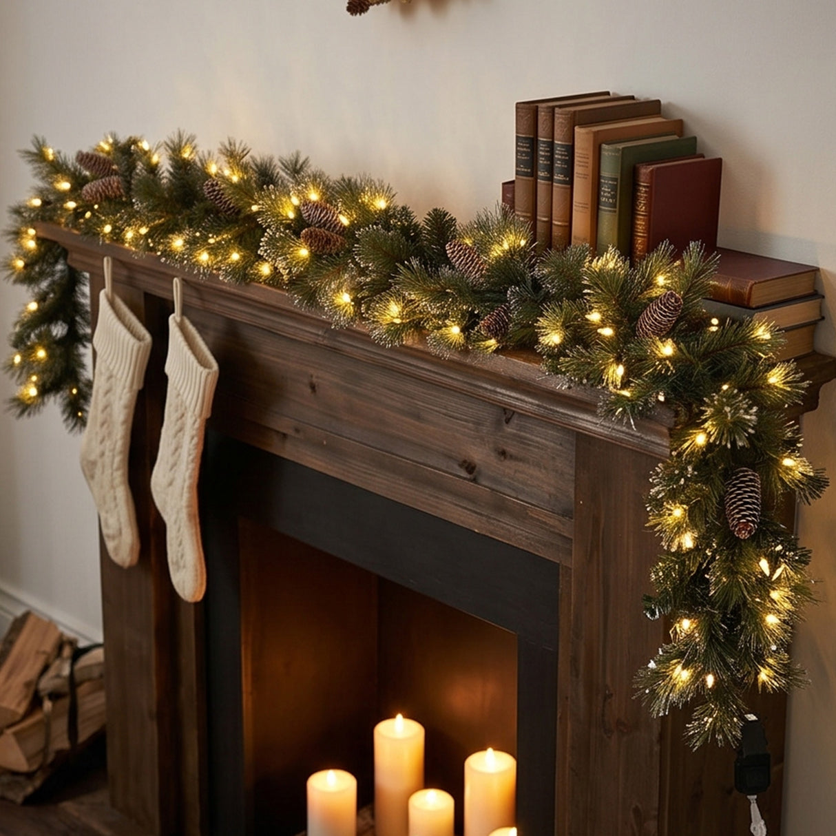 Pre-Lit Glittery Pine Garland with Clear Lights, 9 Foot