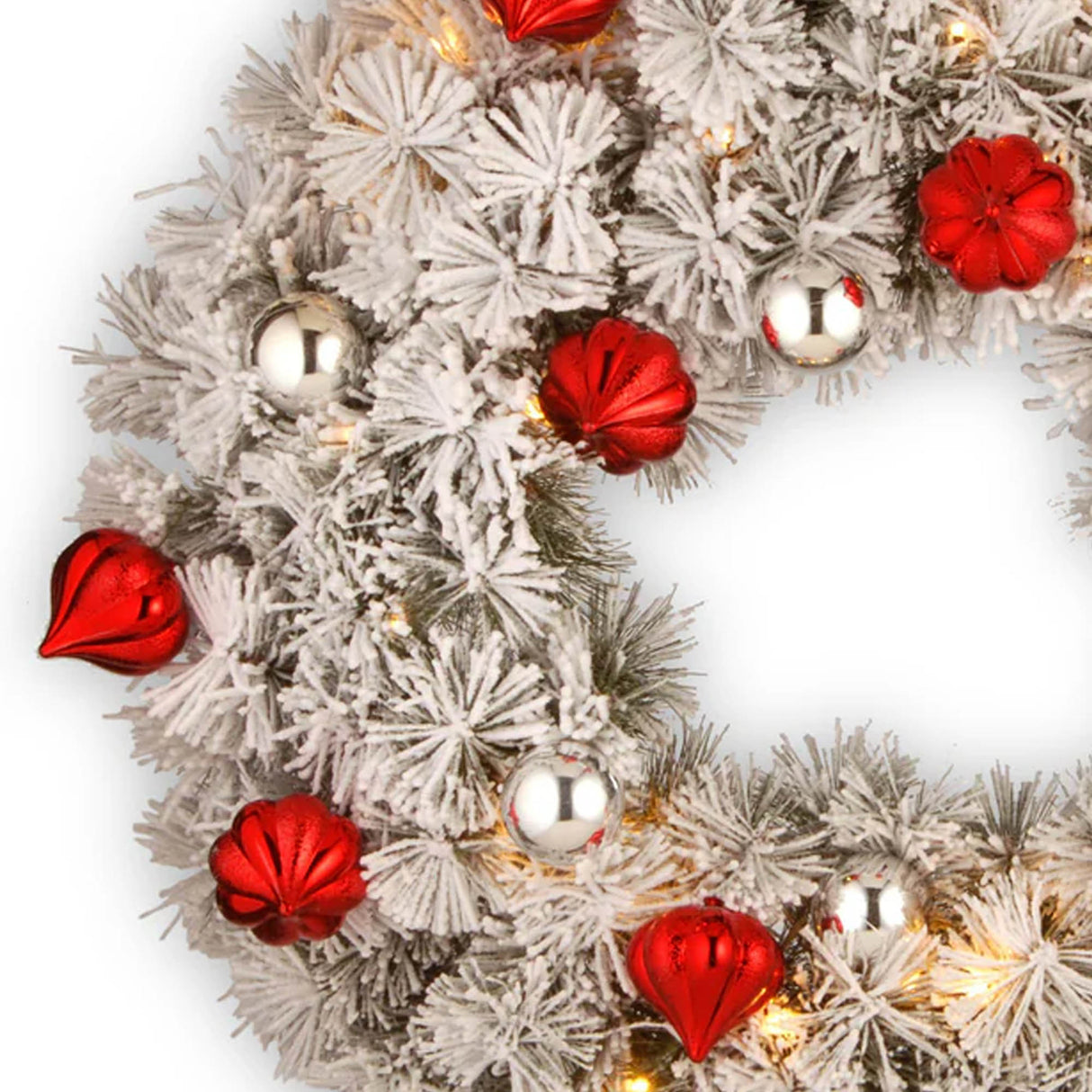 Pre-Lit Snowy Bristle Pine Christmas Wreath with Red & Silver Ornaments, 30 Inch