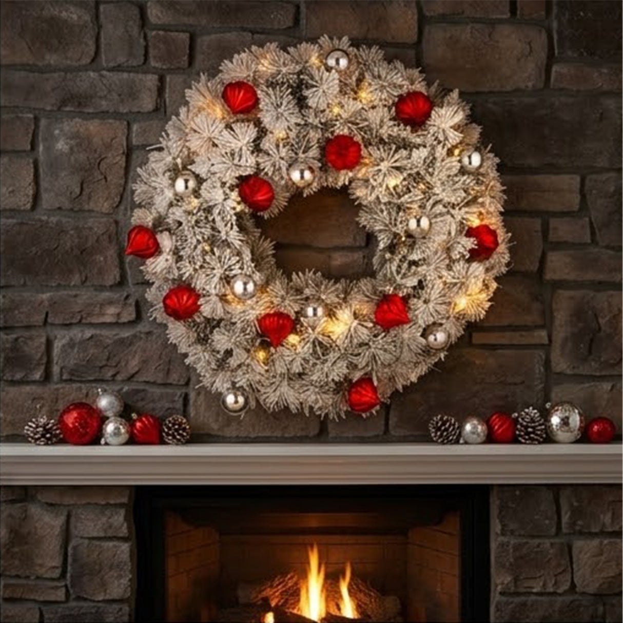 Pre-Lit Snowy Bristle Pine Christmas Wreath with Red & Silver Ornaments, 30 Inch