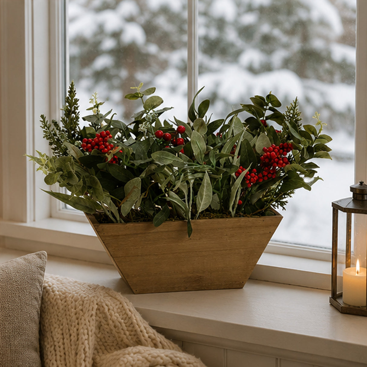 Christmas Eucalyptus & Berry Centerpiece in Wooden Box Table Decor