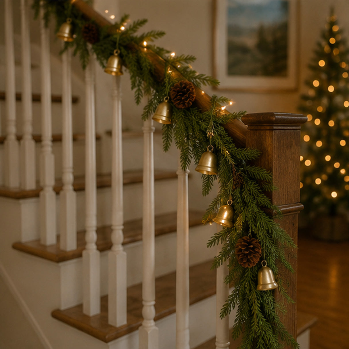 Christmas Bells Pine Garland with Pinecones & Gold Bell Accents, 6ft