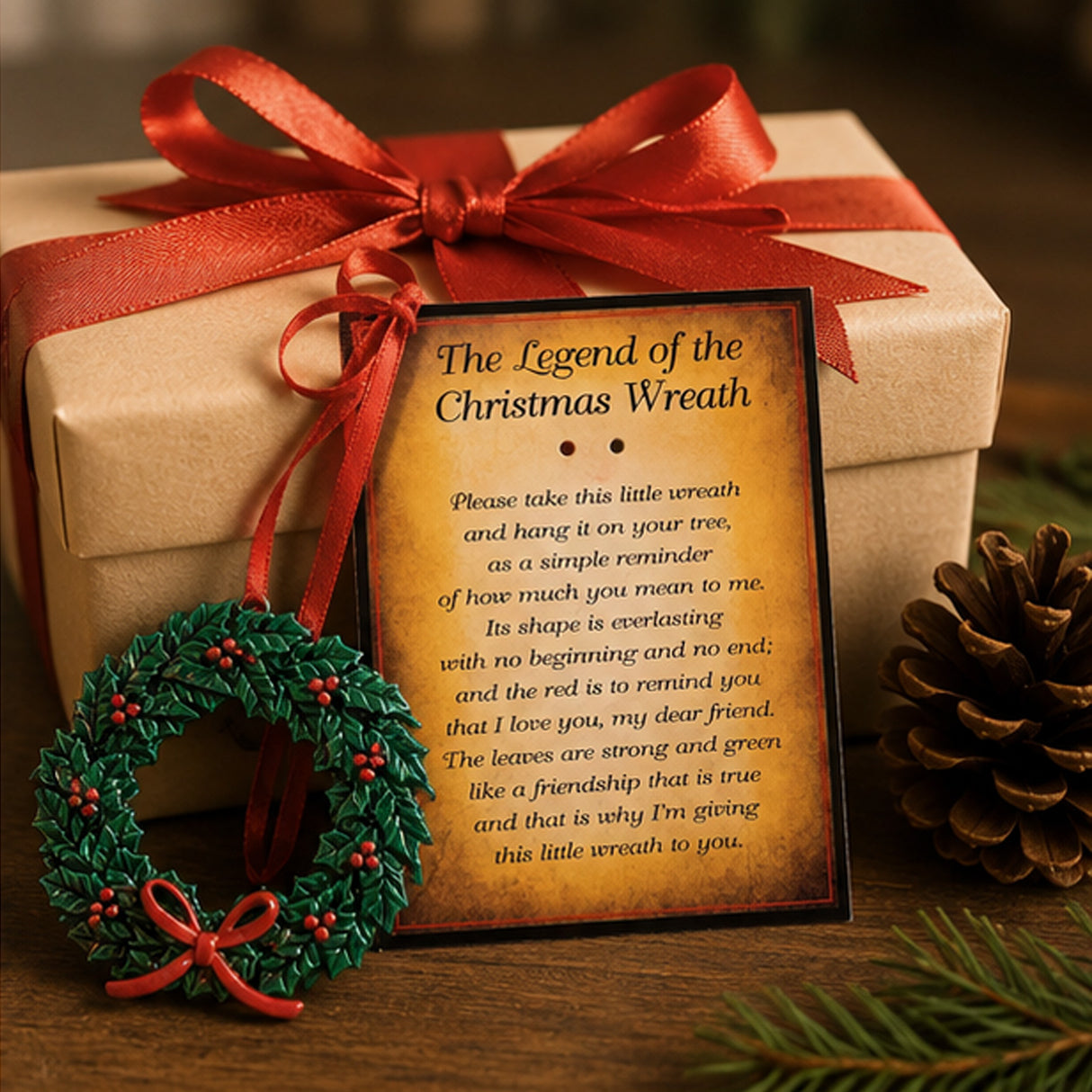 Legend of Christmas Wreath Resin Ornaments 3 Inch 12 Pc with Card