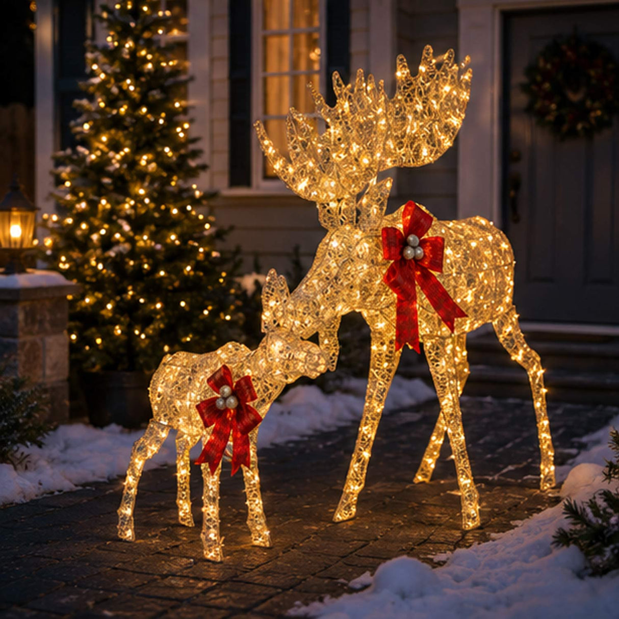 Lighted Moose Family Outdoor Christmas Decoration Set 2 Pc with LED Lights
