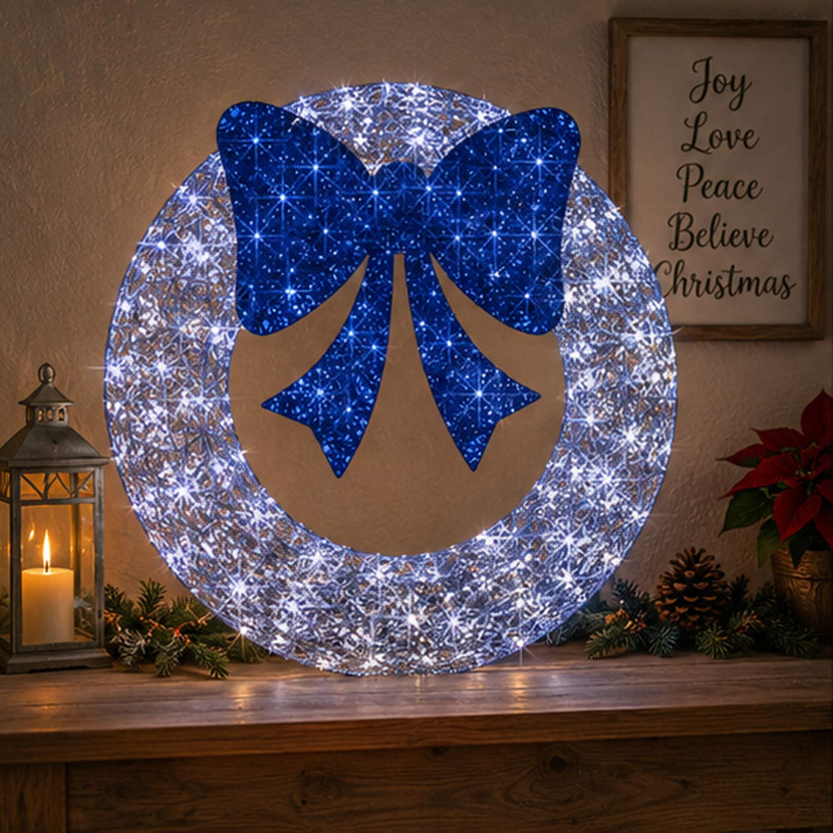 Pre Lit Outdoor Christmas Wreath with Bow LED Metal Holiday Decor 48 Inch