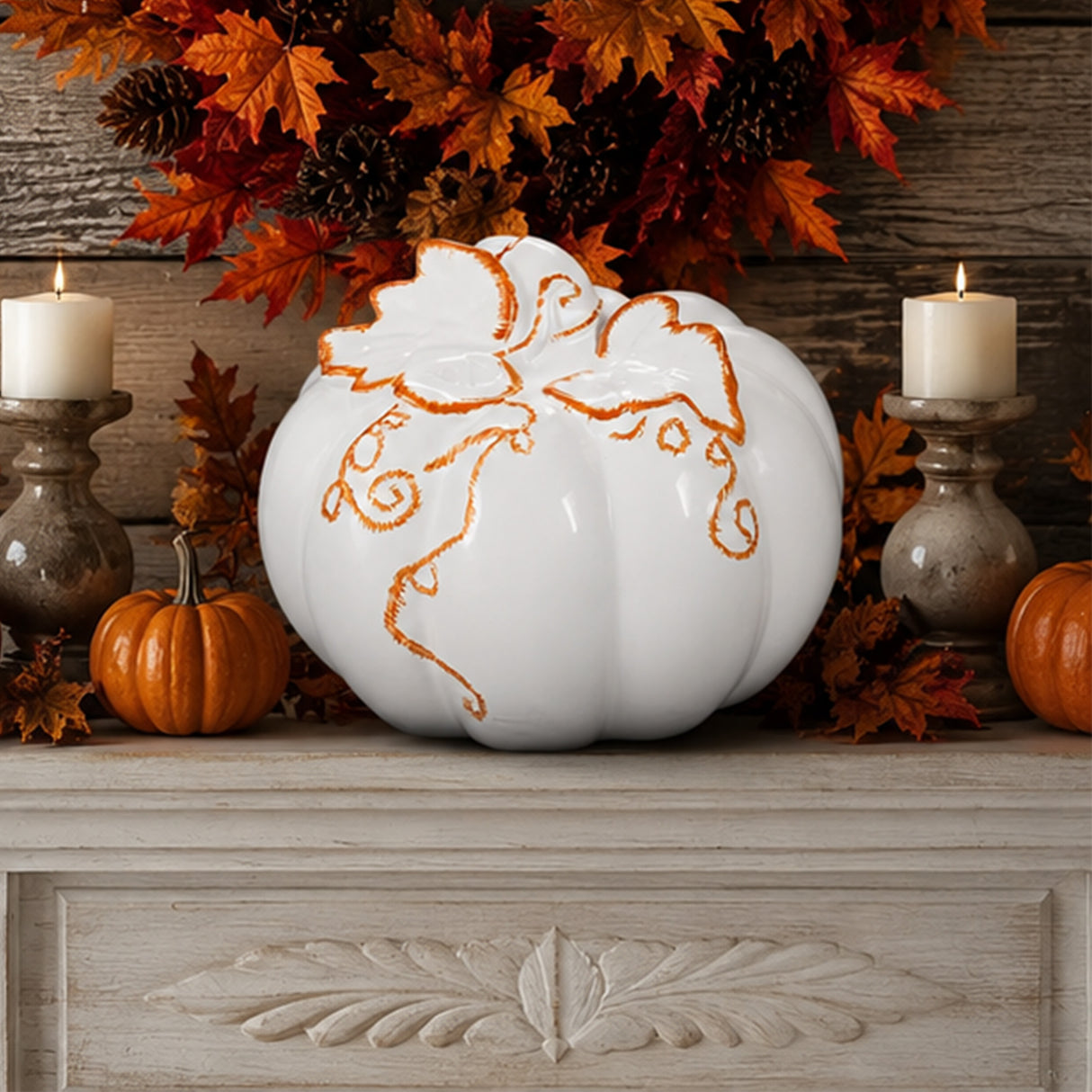 10" White Ceramic Pumpkin with Molded Leaves & Vines Halloween Decoration