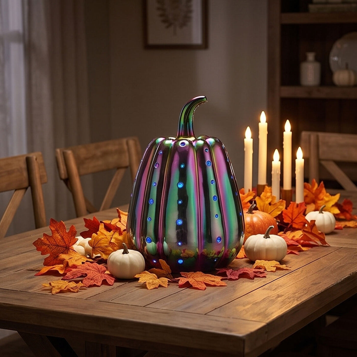 14 in Iridescent Purple Ceramic Pumpkin with Multi Color LED Lights