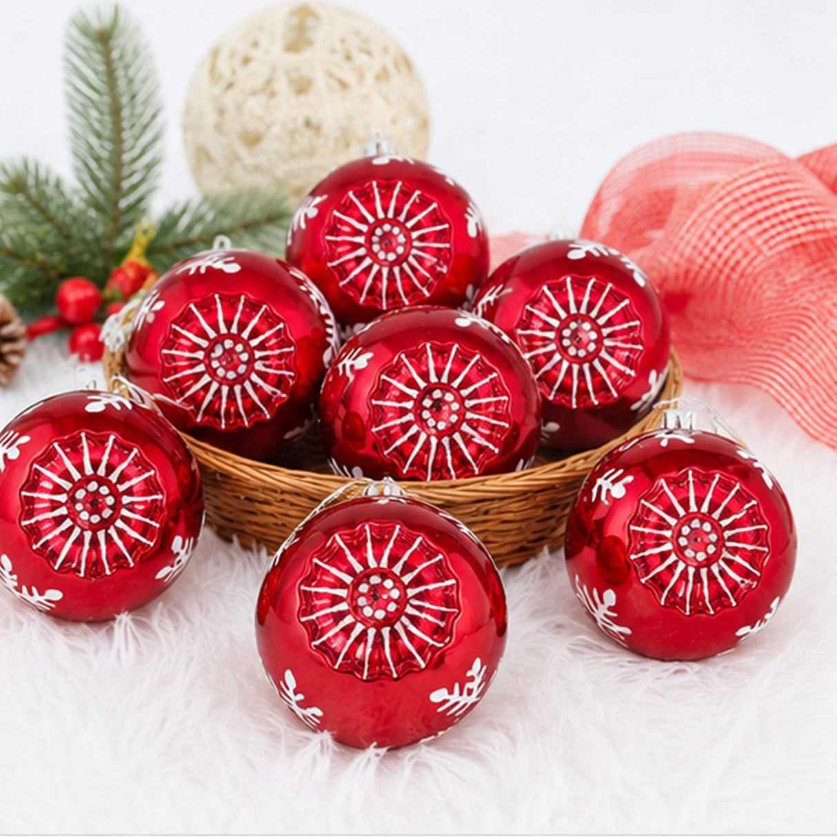 6PC Shatterproof Red Snowflake Christmas Ball Ornaments
