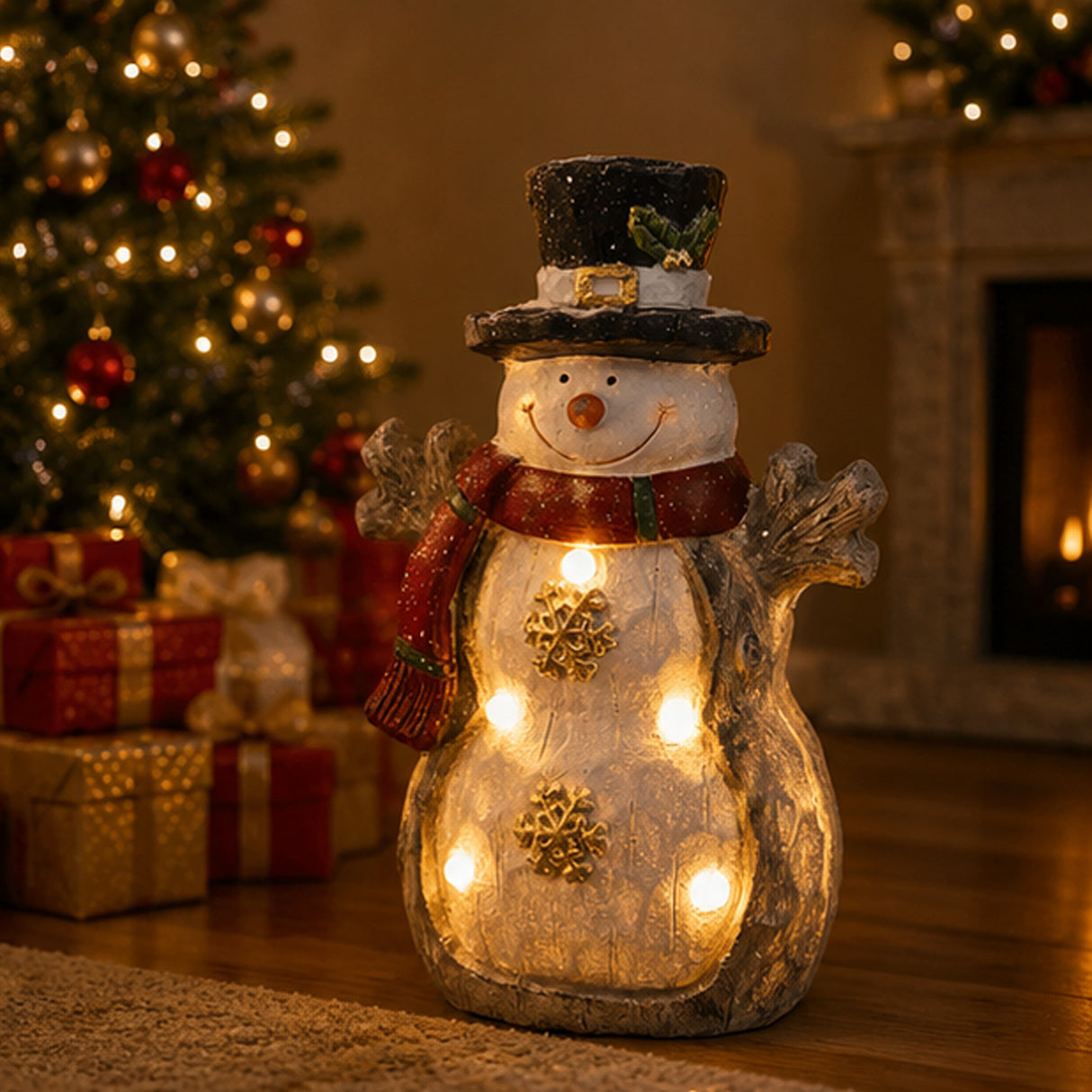 17IN Snowman Figurine with Red Scarf, Black Hat & Warm White LED Lights Indoor Decor
