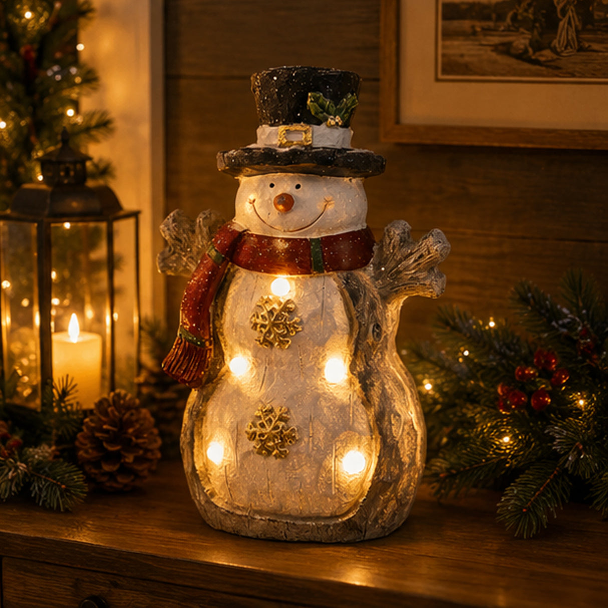 17IN Snowman Figurine with Red Scarf, Black Hat & Warm White LED Lights Indoor Decor