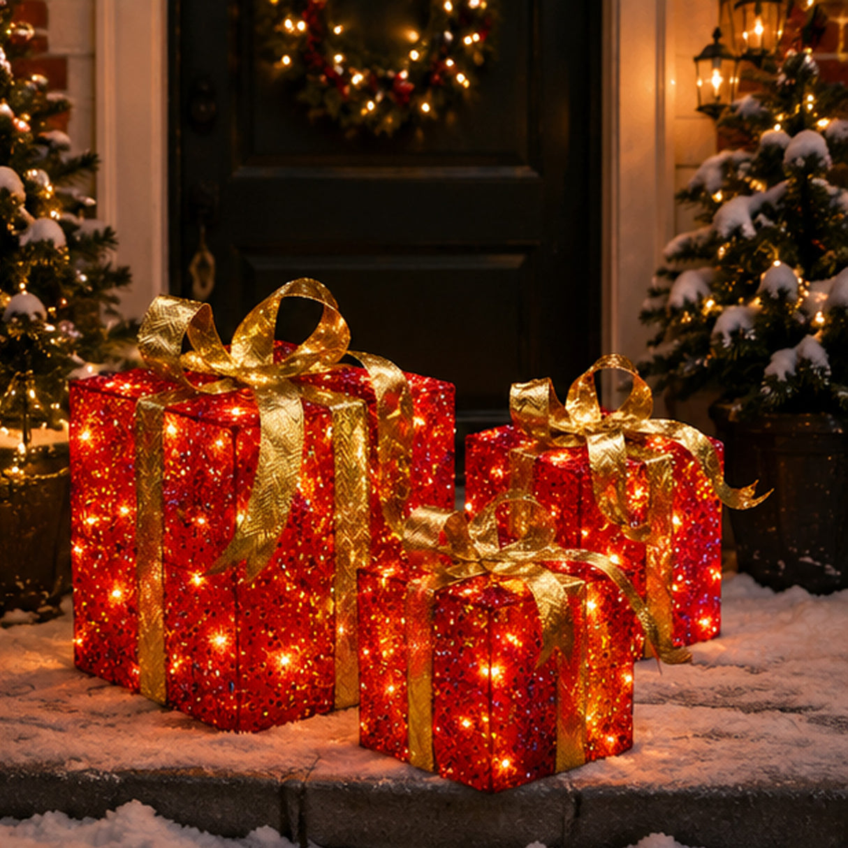 Pre-Lit Red Sparkle Christmas Gift Boxes Set of 3 with Gold Bows Plug-In Lights
