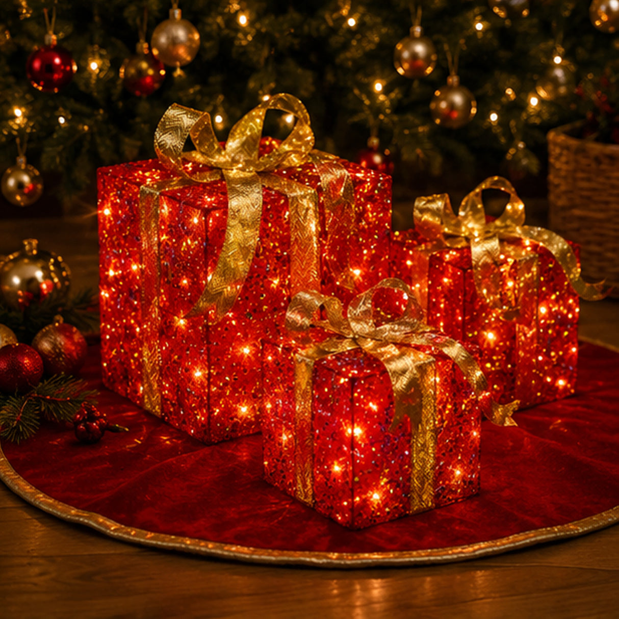 Pre-Lit Red Sparkle Christmas Gift Boxes Set of 3 with Gold Bows Plug-In Lights