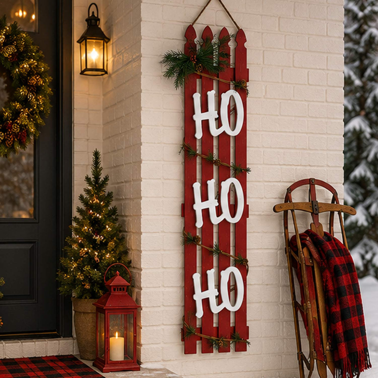 47IN Ho Ho Ho Wall Sign Red Wooden Fence Christmas Holiday Rustic Decor