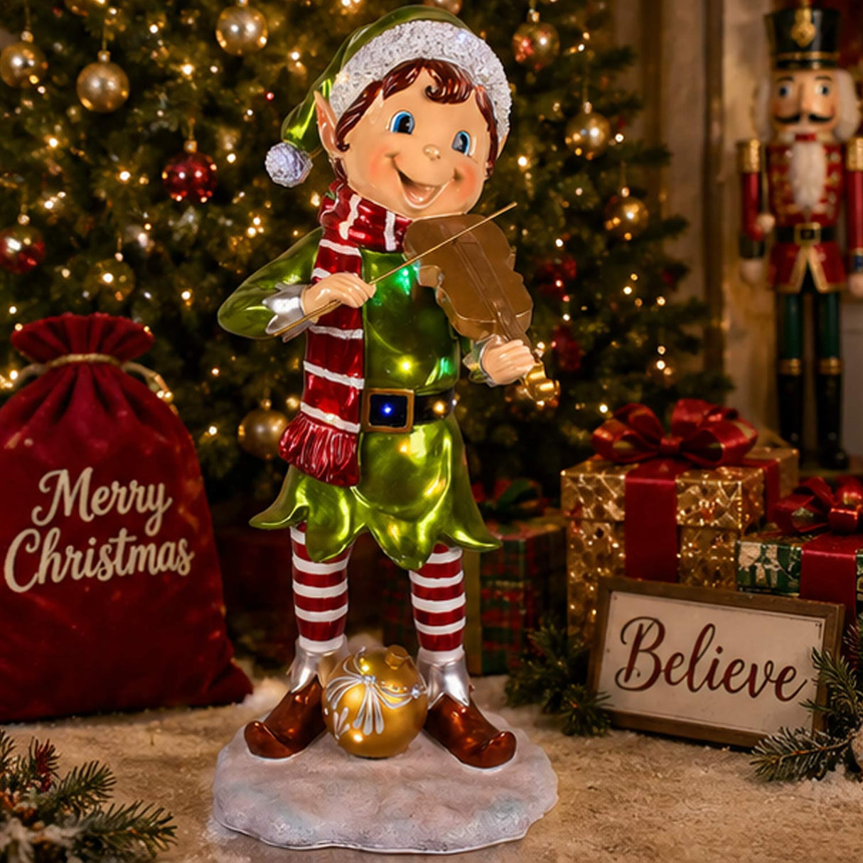 36IN Fiddle Playing Pixie Elf with Multicolor LED Lights Christmas Outdoor Plug-In Decoration