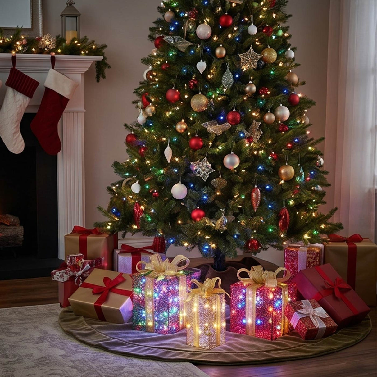 Pre-Lit Multicolor Christmas Gift Boxes Set of 3 with Warm White Lights