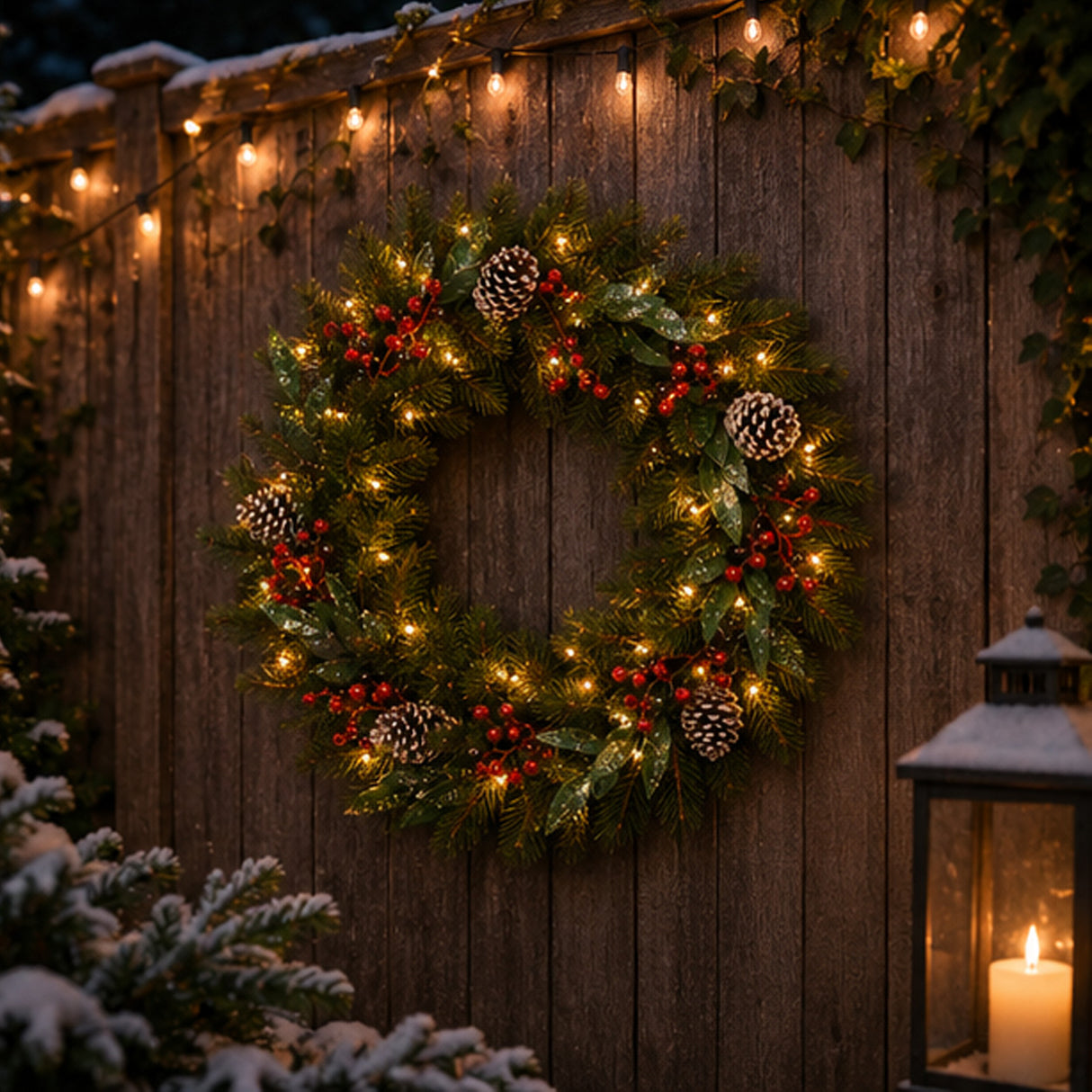 Pre-Lit 24 in. Frosted Pine Berry Christmas Wreath with Warm White LED Lights