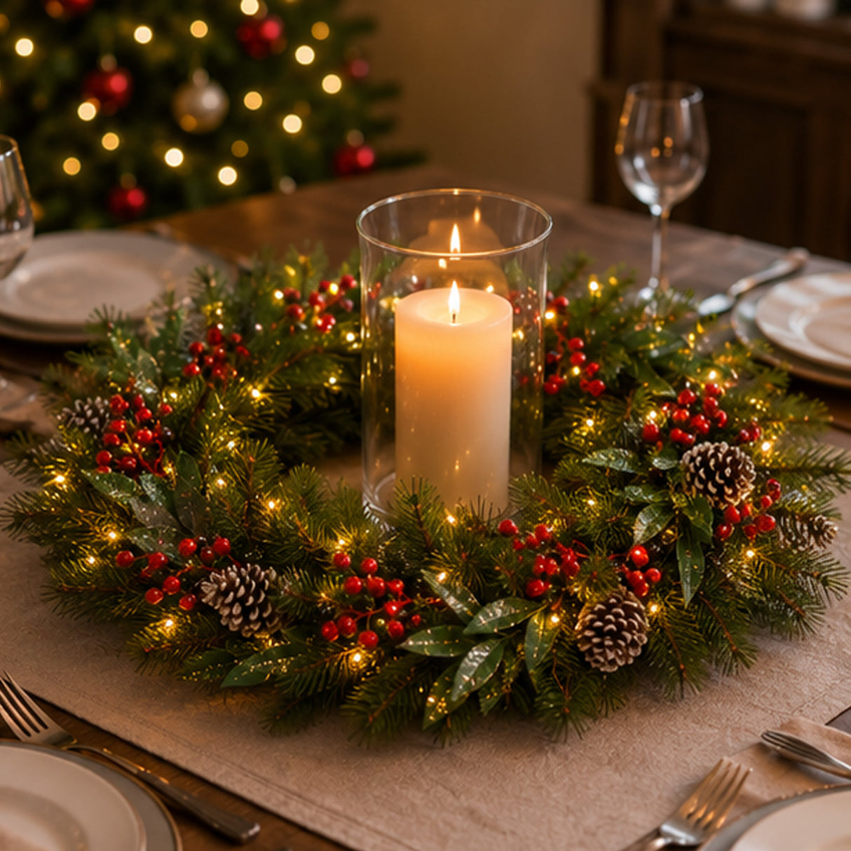 Pre-Lit 24 in. Frosted Pine Berry Christmas Wreath with Warm White LED Lights
