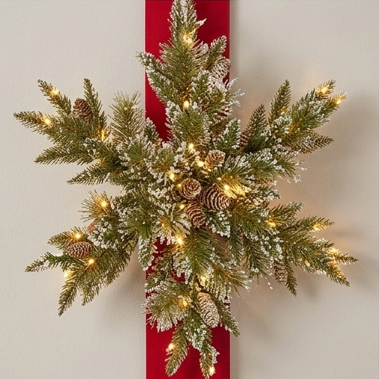Pre-Lit 70 in. Glittery Bristle Pine Triple Snowflake Hanging Christmas Door Decoration with Warm White LED Lights & Timer