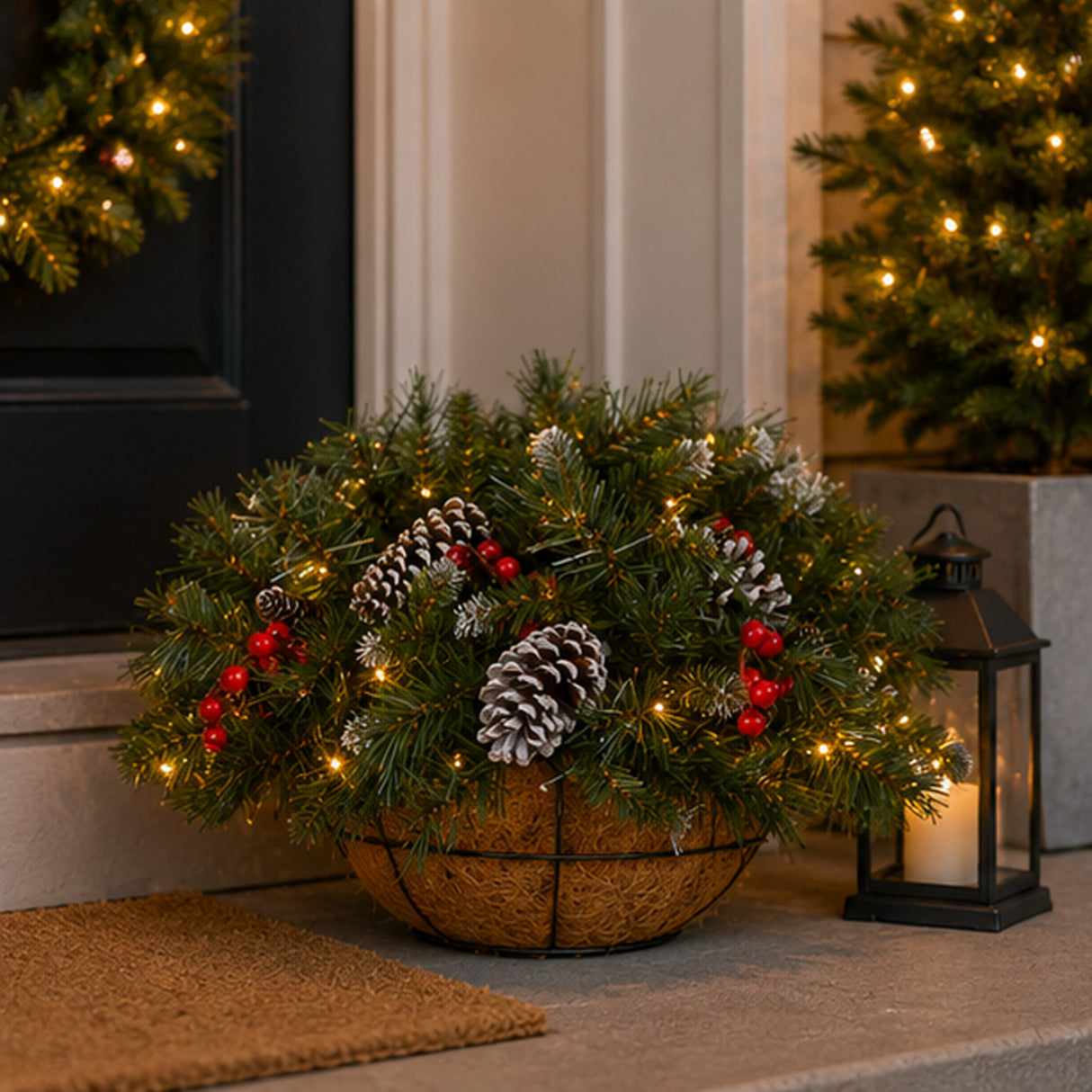 Pre-Lit Frosted Berry Hanging Basket with Warm White LED Lights, 20 Inch