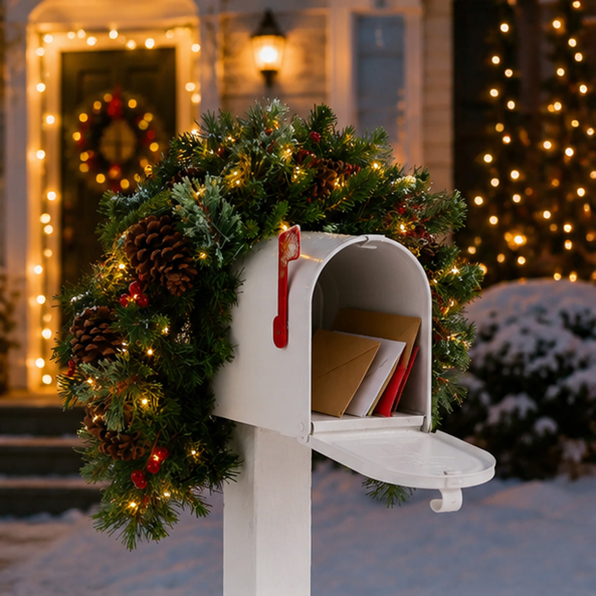 Pre-Lit Colonial Fir Mailbox Swag with Warm White LED Lights, 36 Inch