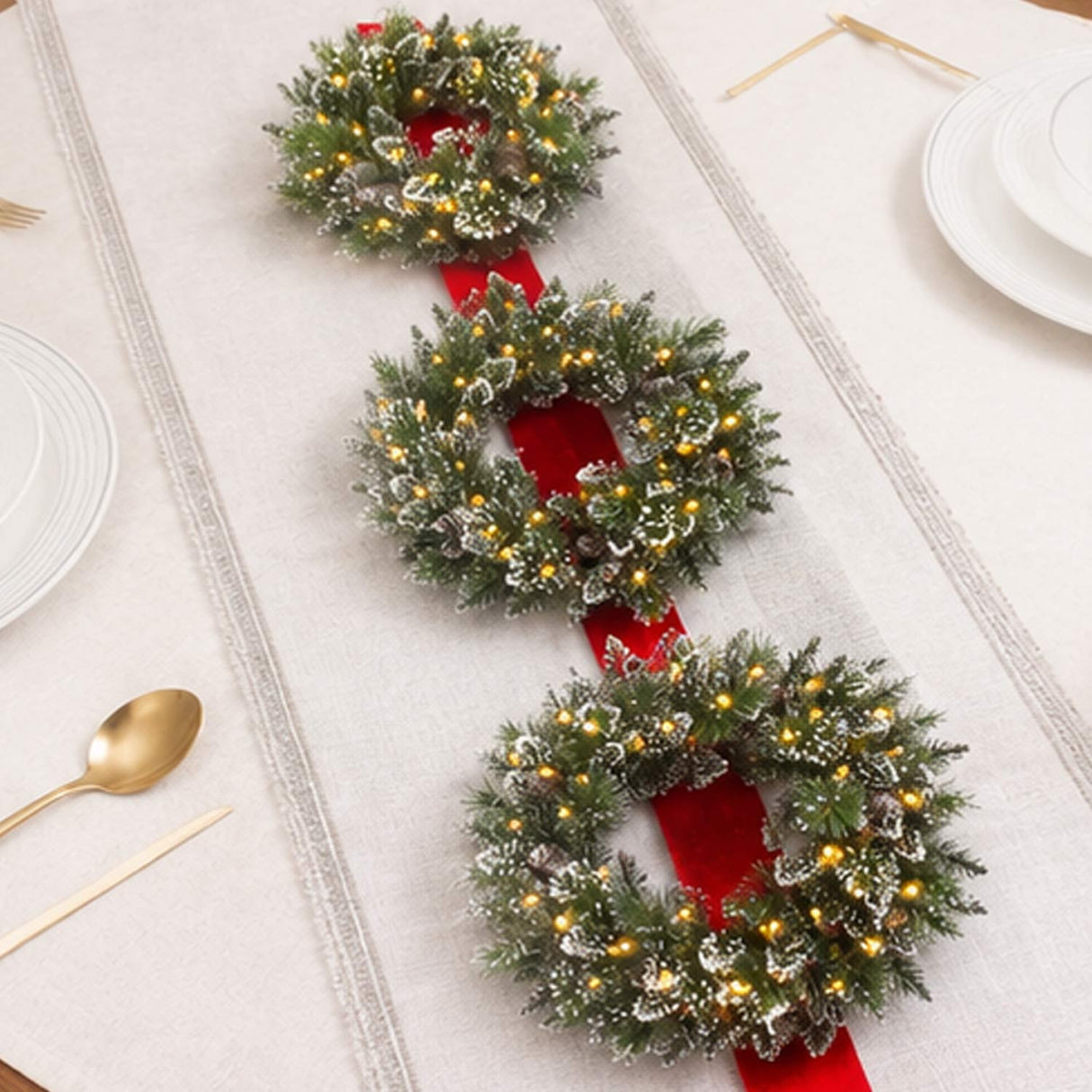 Pre-Lit Glittery Bristle Triple Wreath Door Hanging with Warm White LED Lights